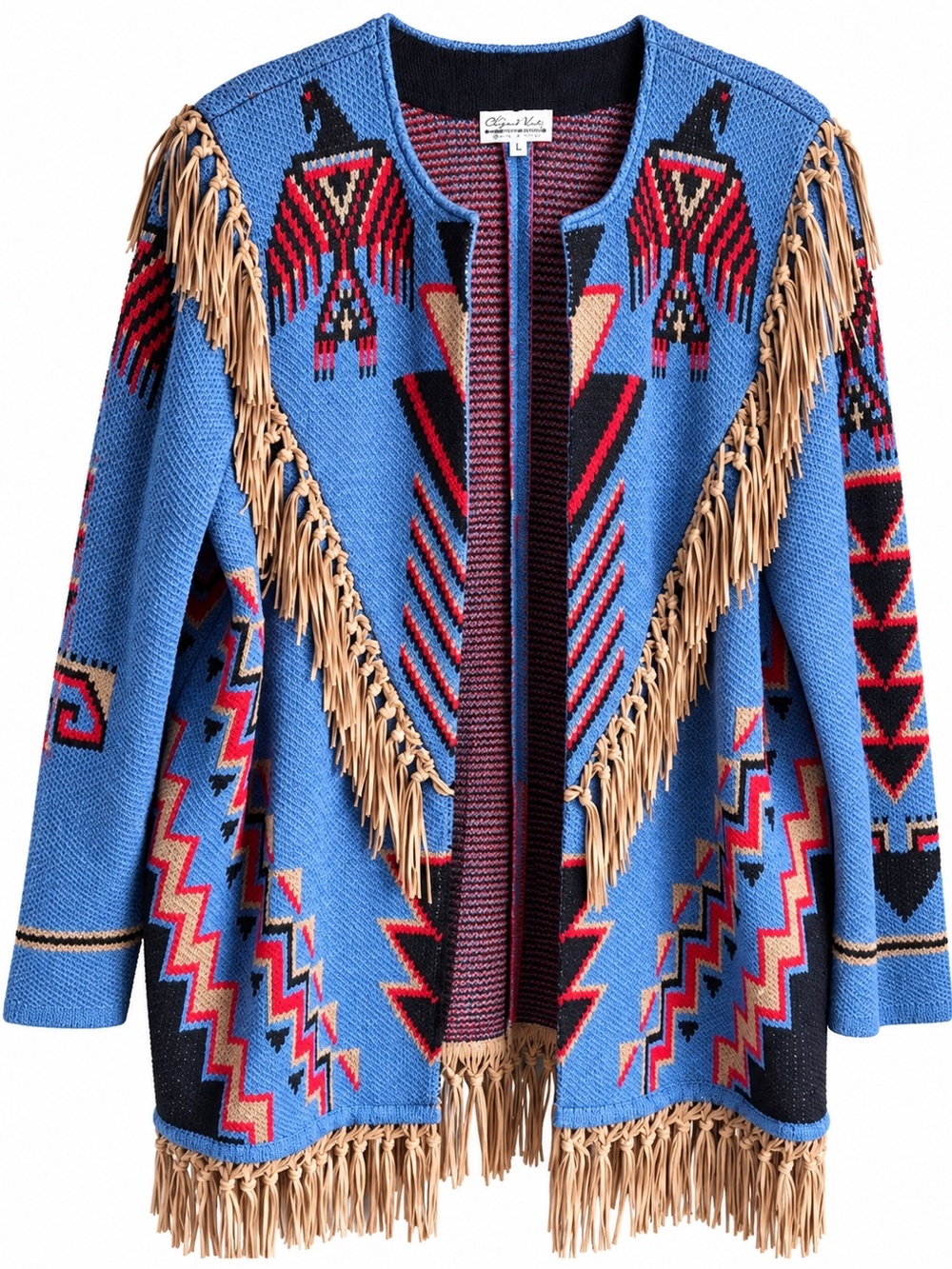 Made in USA Bohemian Cardigan with Thunderbird Design & Fringe, Blue, sz Lrg.
